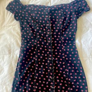 Denim off shoulder floral button up dress